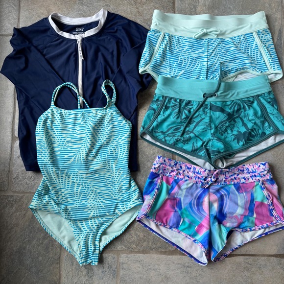 Athleta‎ Girl Size 8-10 Swimwear Bundle Rash Guard One Piece 3 Cannonball Shorts